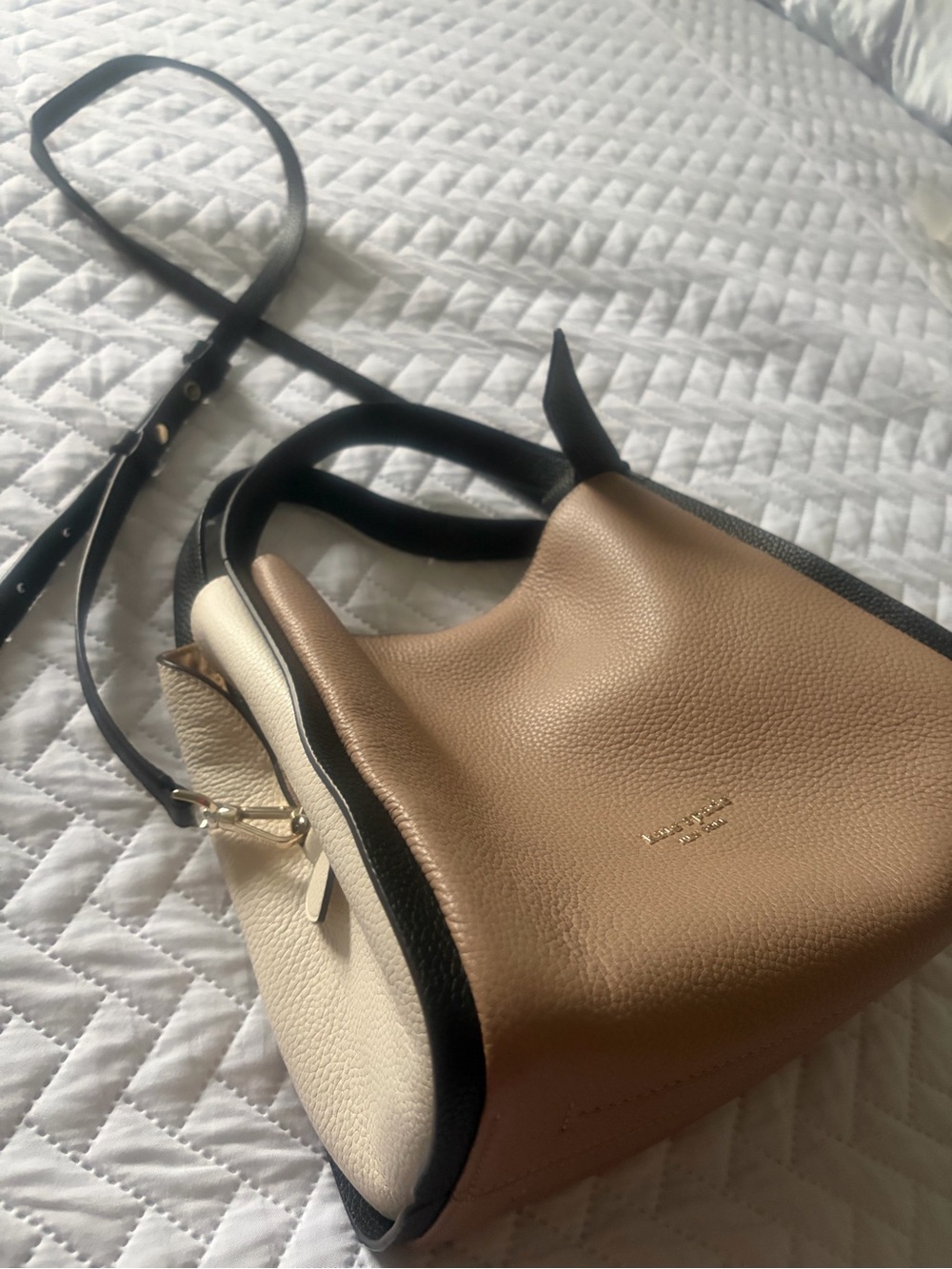 kate spade Two-Tone Pebbled Leather Crossbody in Tan, Cream & Black